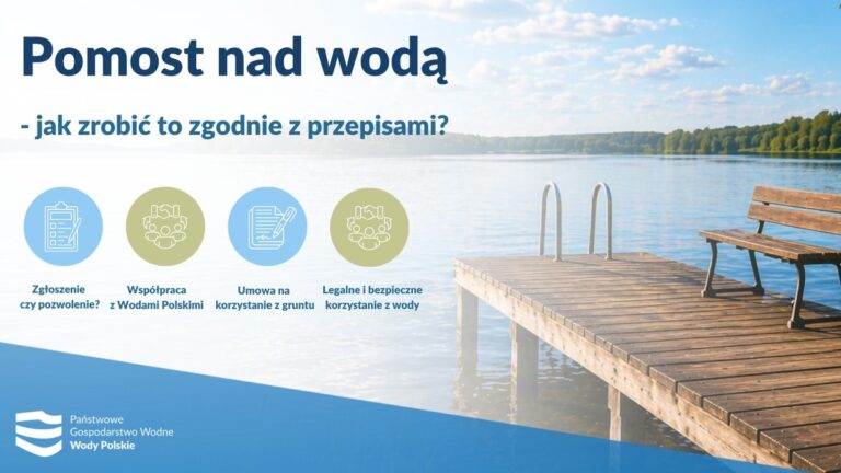 Pomost nad wodą – jak zrobić to zgodnie z przepisami? Grafika przedstawiająca pomost nad wodą. Na pomoście stoi ławka