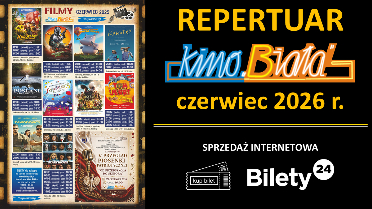 Grafika przedstawiająca harmonogram emisji filmów w Kinie „Biała": Czerwiec 2026 roku