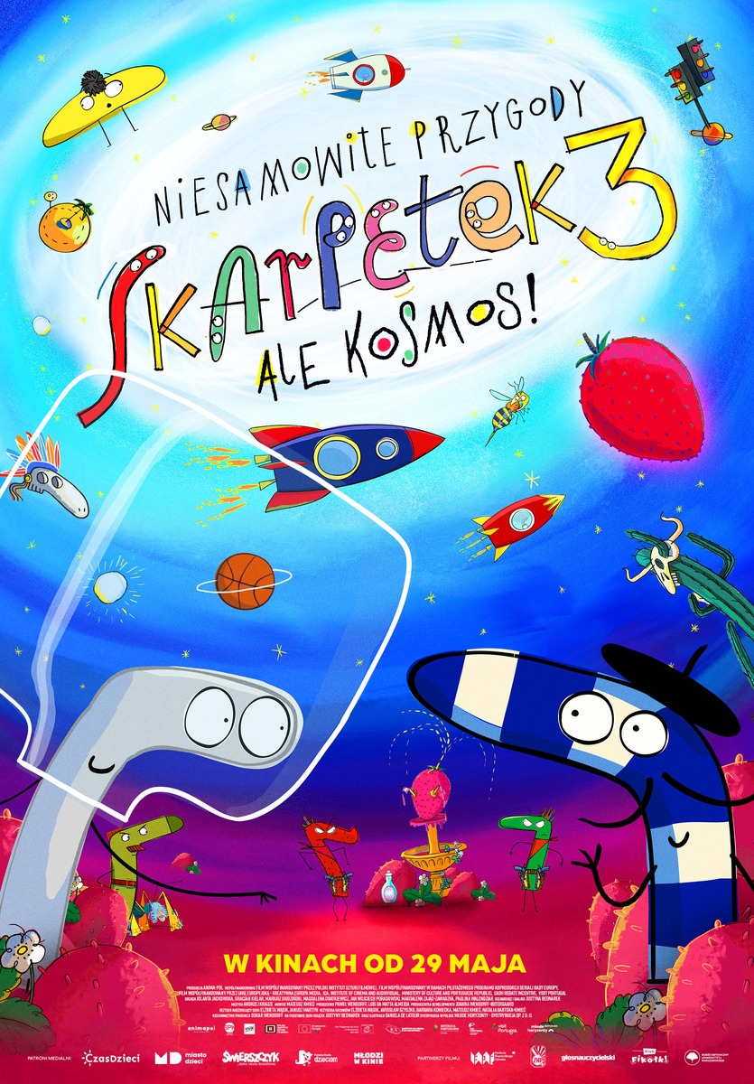 Grafika reklamowa w formie plakatu zapraszająca do kina na film NIESAMOWITE PRZYGODY SKARPETEK 3. ALE KOSMOS!