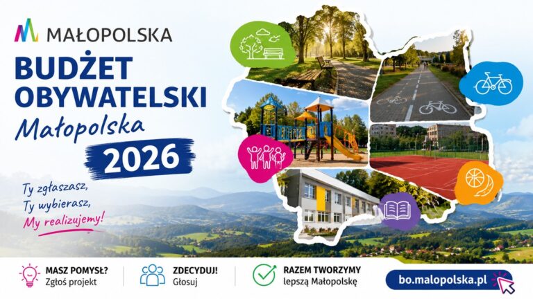 Grafika promująca Budżet Obywatelski Małopolska 2026 z parkami, placem zabaw i ścieżką rowerową