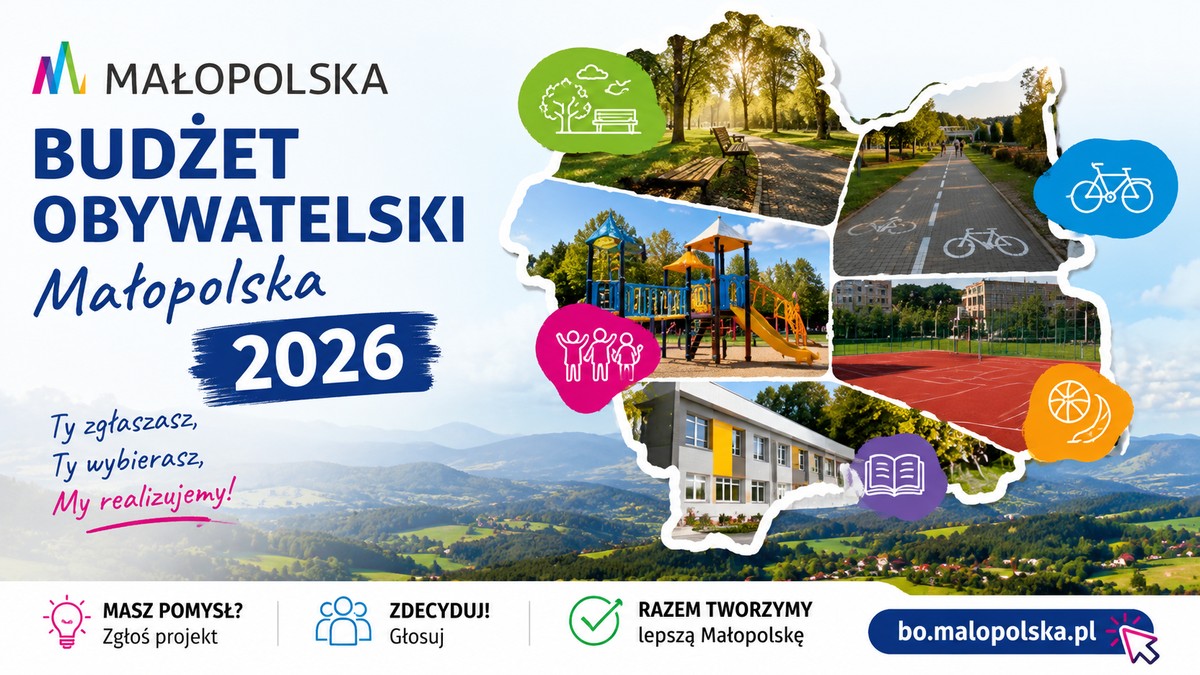 Grafika promująca Budżet Obywatelski Małopolska 2026 z parkami, placem zabaw i ścieżką rowerową