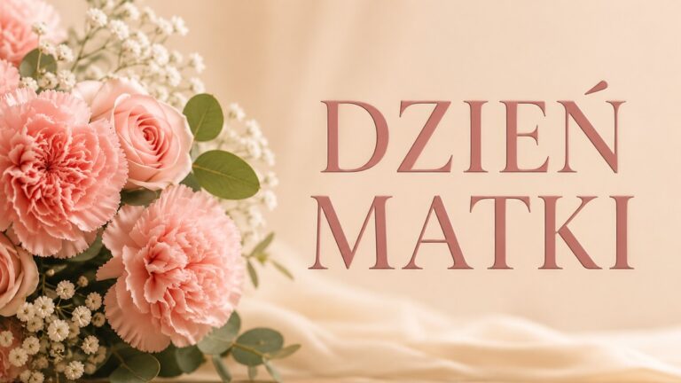 Beżowa grafika z różowymi kwiatami i napisem DZIEŃ MATKI na jasnym tle