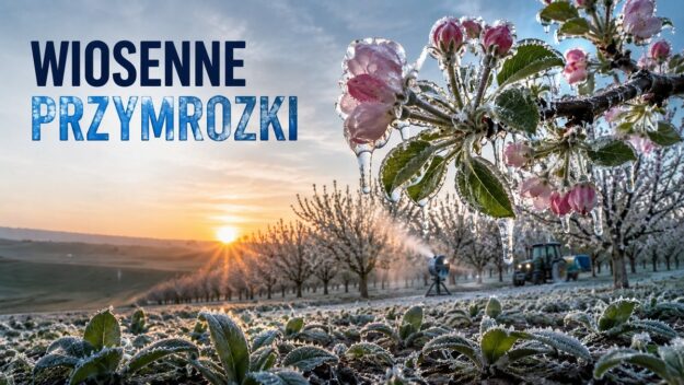 Wiosenne przymrozki w sadzie – oszronione kwiaty drzew i pola o świcie