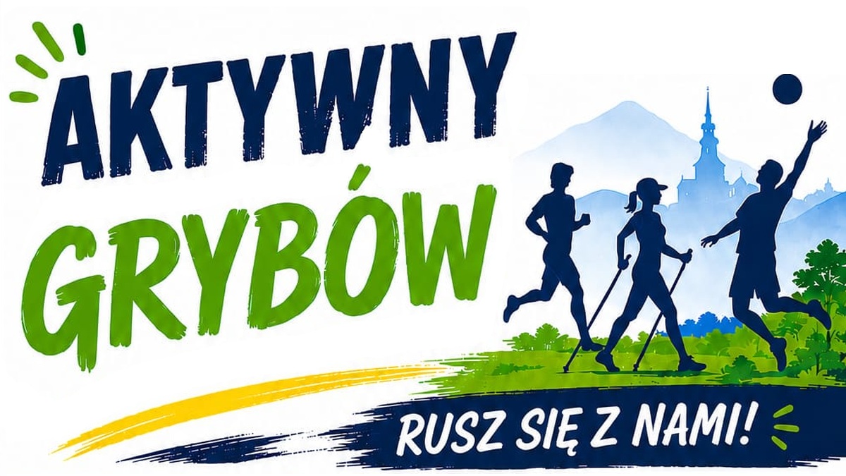 Grafika przedstawiająca postacie trzech sportowców i napis AKTYWNY GRYBÓW oraz RUSZ SIĘ Z NAMI