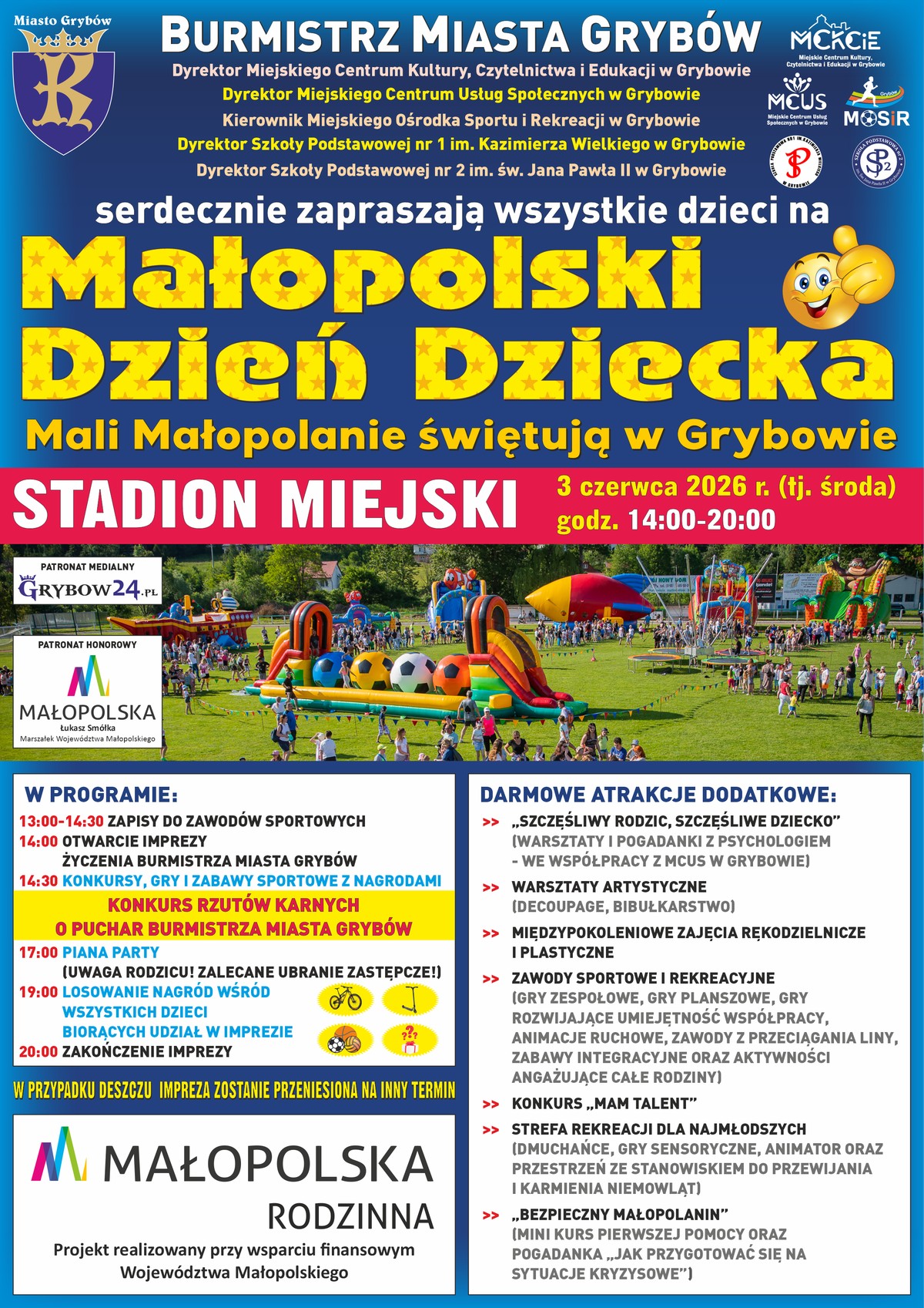 Małopolski Dzień Dziecka 2026 „Mali Małopolanie świętują w Grybowie” Najważniejsze informacje realizowanego projektu zestawione w formie grafiki reklamowej