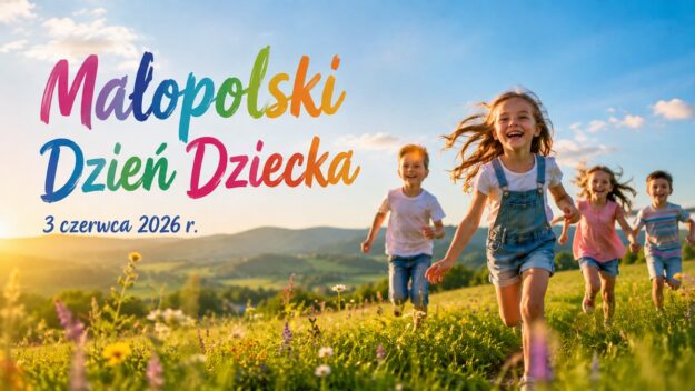 Uśmiechnięte dzieci biegną po łące w słońcu, obok kolorowego napisu „Małopolski Dzień Dziecka”
