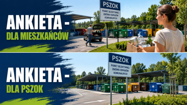 ANKIETY: Punkty Selektywnej Zbiórki Odpadów Komunalnych w Polsce Dwa banery PSZOK: ankieta dla mieszkańców oraz ankieta dla pracowników PSZOK na tle punktu zbiórki odpadów