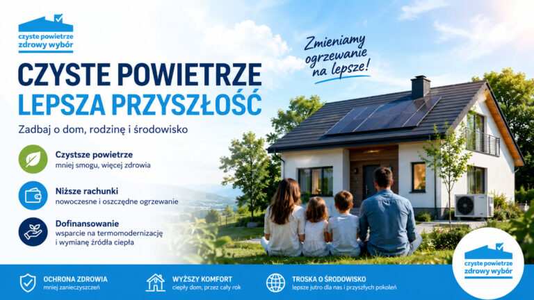 Zmiany w programie Czyste Powietrze. Od 20 lipca łatwiej skorzystasz z dotacji Rodzina przed energooszczędnym domem z panelami fotowoltaicznymi; baner promuje program Czyste Powietrze