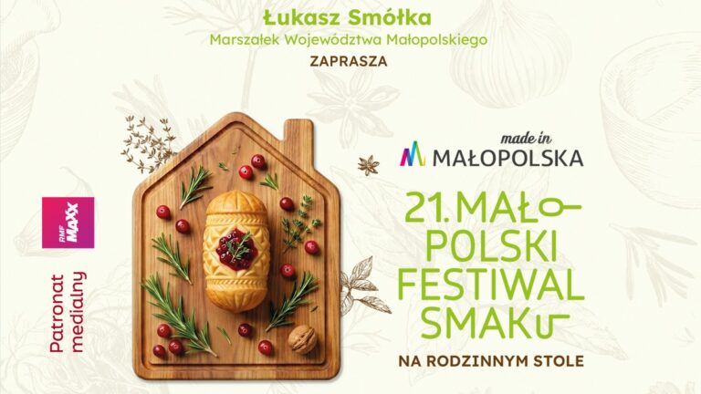 21. Małopolski Festiwal Smaku! Baner 21. Małopolskiego Festiwalu Smaku z deską z regionalnym wypiekiem i informacją o wydarzeniu