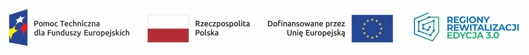 Zestawienie: logo Pomoc Techniczna dla funduszy Europejskich, Rzeczpospolita Polska, Dofinansowane przez Unię Europejską, Regiony Rewitalizacji Edycja 3.0