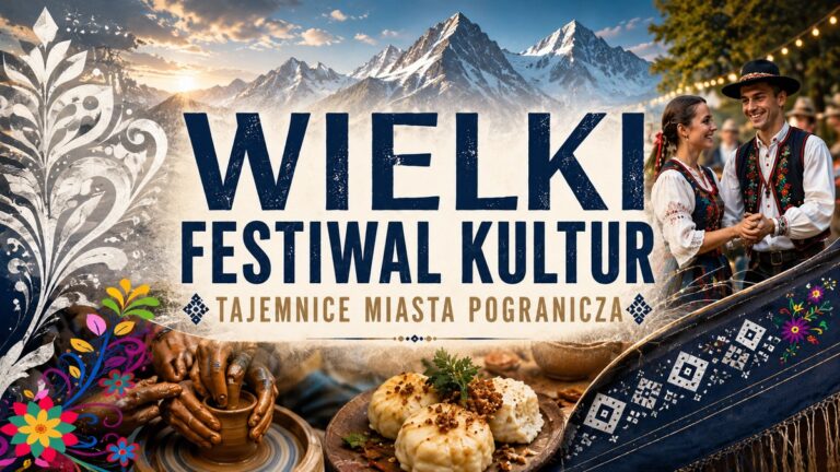 Wielki Festiwal Kultur Grafika Festiwalu Kultur z parą w strojach ludowych, górami, ceramiką i regionalnymi potrawami