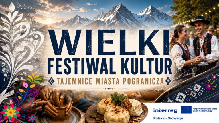 Wielki Festiwal Kultur Grafika Festiwalu Kultur z parą w strojach ludowych, górami, ceramiką i regionalnymi potrawami