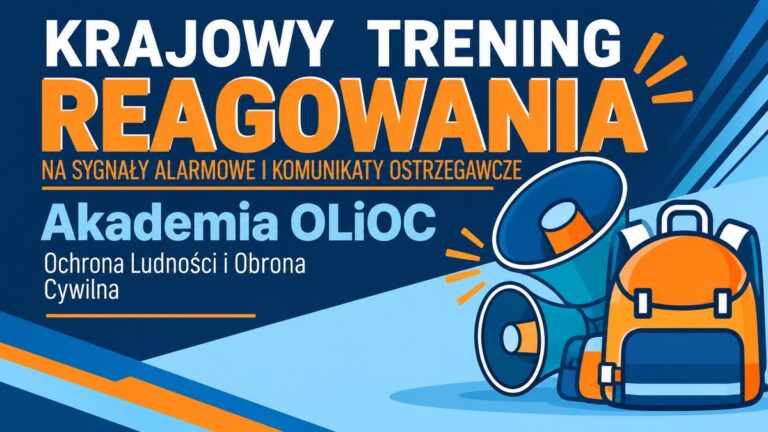 Krajowy Trening Reagowania Akademii OLiOC Grafika „Krajowy Trening Reagowania” Akademii OLiOC z megafonami i plecakiem ewakuacyjnym