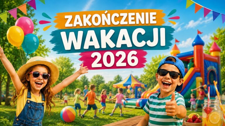 Wesołe i aktywne zakończenie wakacji Zakończenie wakacji 2026 - dzieci bawiące się w parku, kolorowe balony i dmuchana zjeżdżalnia