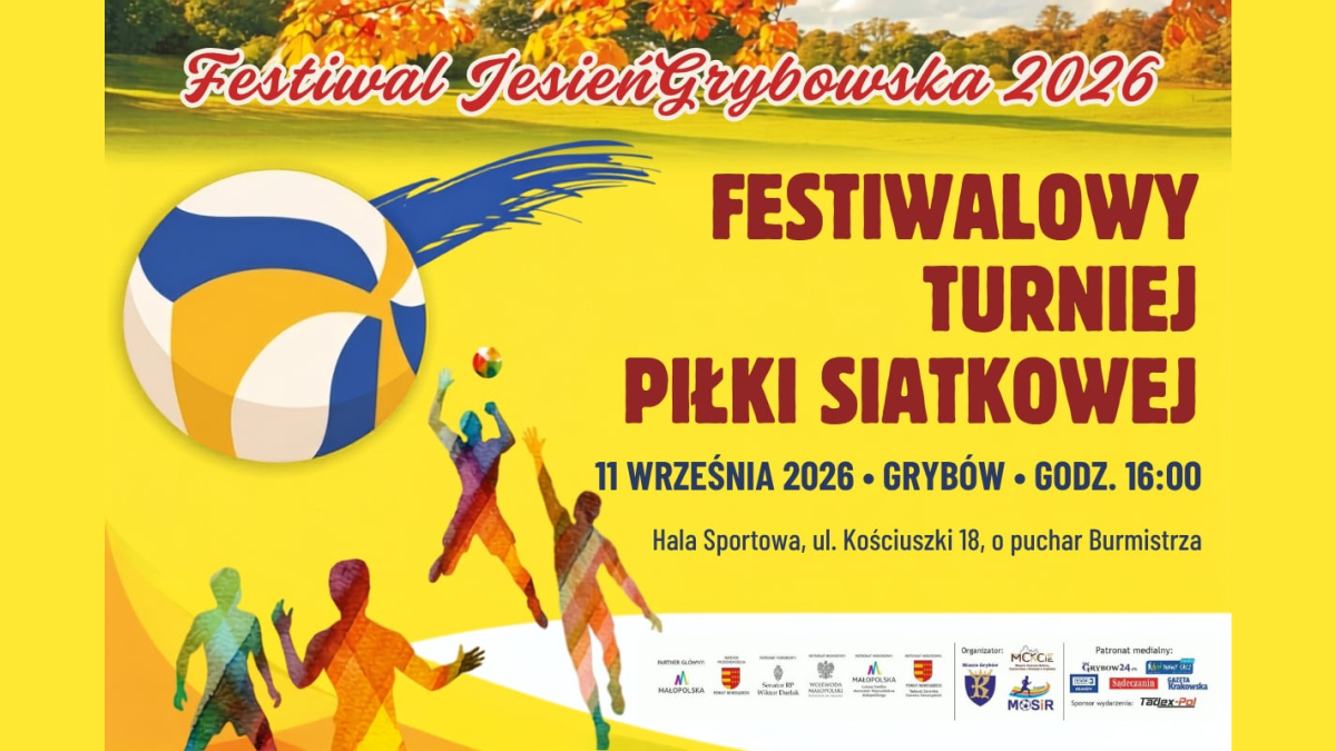 Festiwalowy Turniej Pilki Siatkowej Plakat Festiwalowego Turnieju Piłki Siatkowej w Grybowie z piłką i sylwetkami zawodników