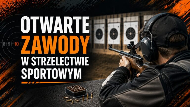 Otwarte zawody w strzelectwie sportowym Strzelec celuje z karabinu sportowego do tarcz. Napis: Otwarte zawody w strzelectwie sportowym