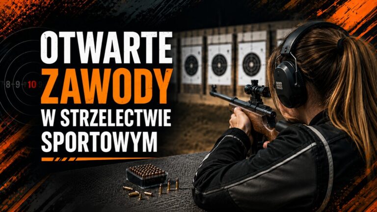 Otwarte zawody w strzelectwie sportowym Strzeleczyni celuje z karabinu sportowego do tarcz. Napis: Otwarte zawody w strzelectwie sportowym