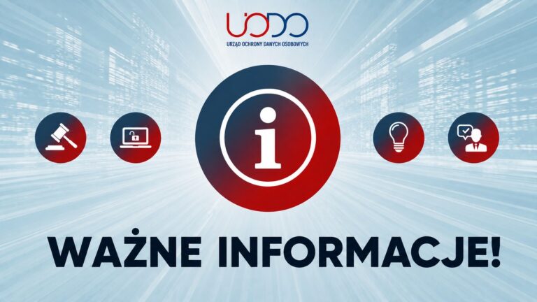 UODO: Ważne informacje Grafika UODO „WAŻNE INFORMACJE!” z symbolem informacji oraz ikonami ochrony danych