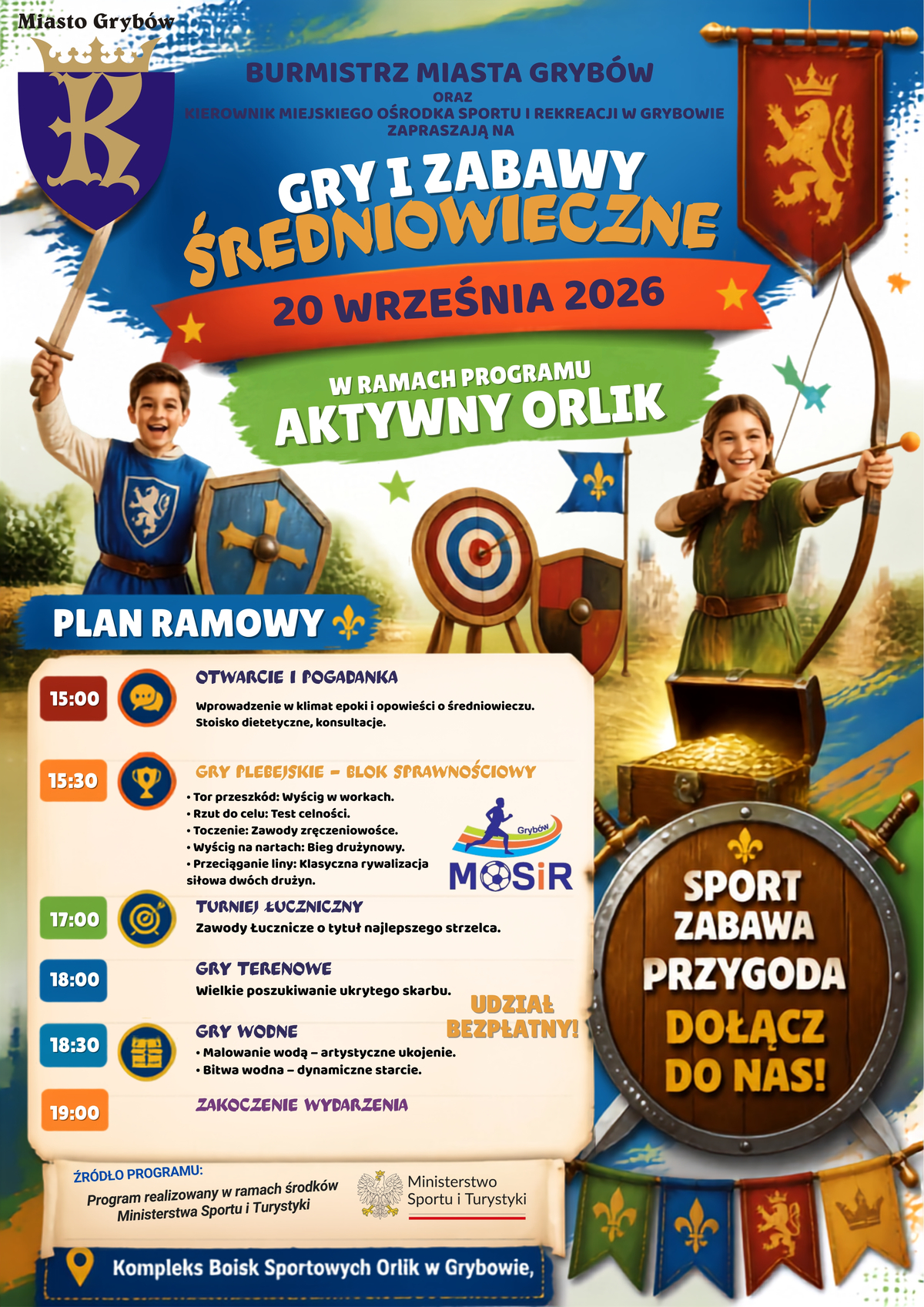 Aktywny Orlik: Gry i zabawy średniowieczne „Gry i Zabawy Średniowieczne” 20 września 2026 r. na Orliku w Grybowie, z programem wydarzenia