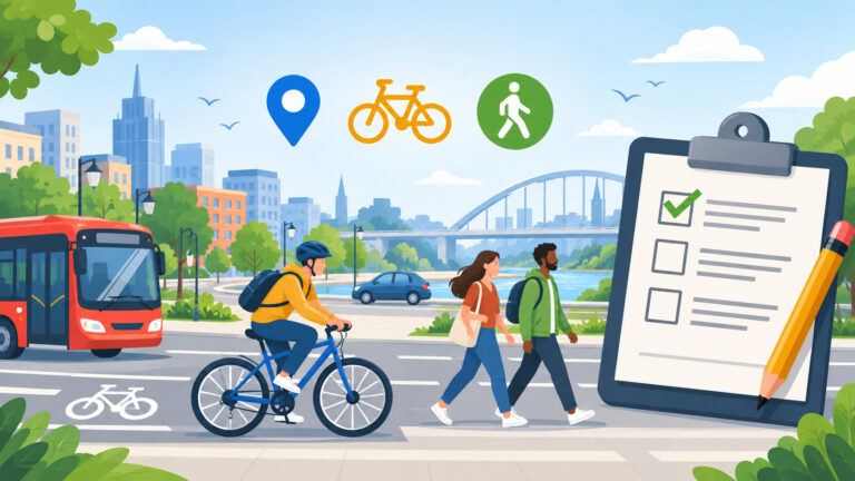 Grafika miejskiej mobilności: autobus, rowerzysta, piesi, ikony lokalizacji i transportu oraz lista kontrolna