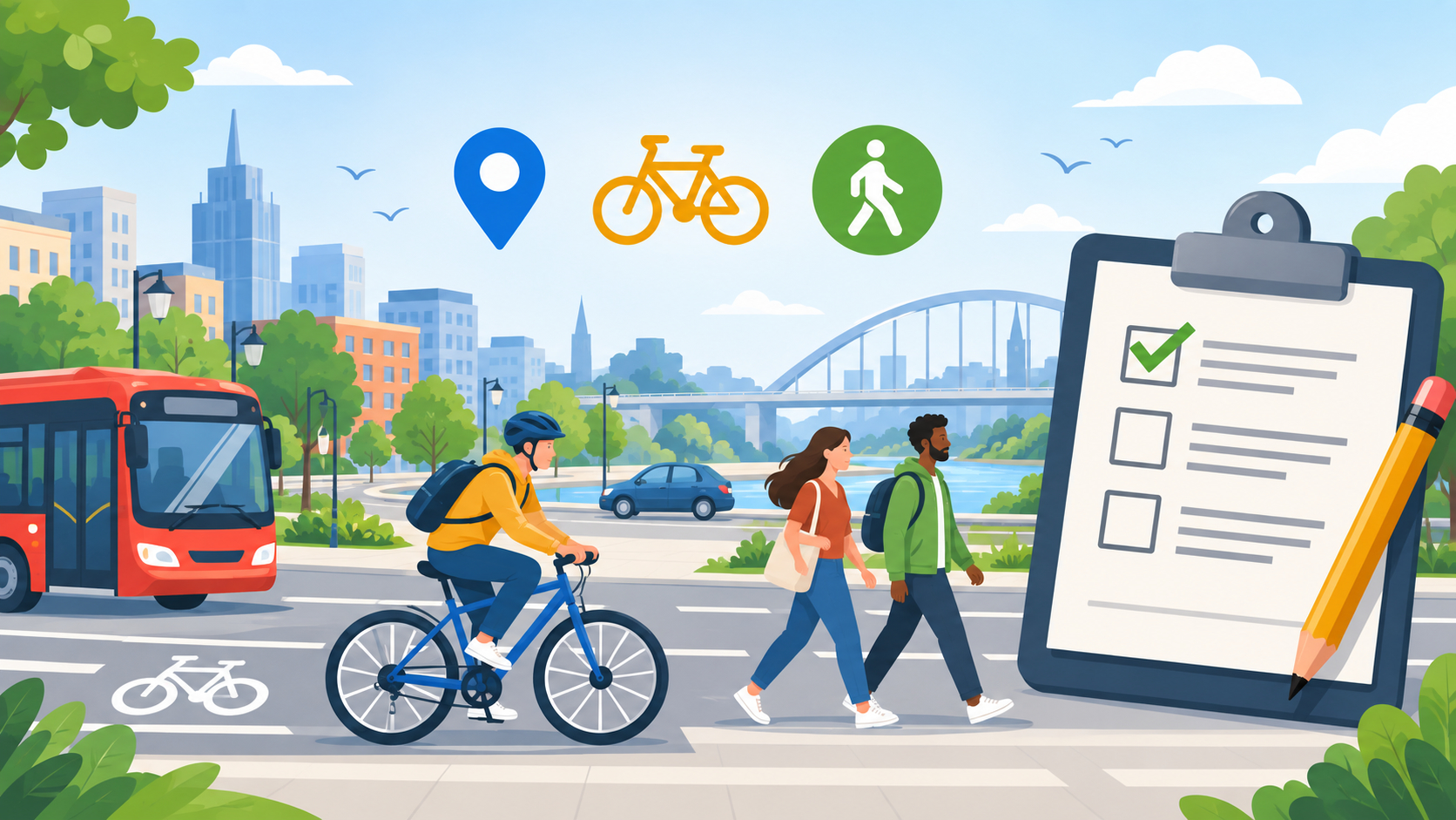 Ankieta dla mieszkańców Sądeckiego Obszaru Funkcjonalnego Grafika miejskiej mobilności: autobus, rowerzysta, piesi, ikony lokalizacji i transportu oraz lista kontrolna