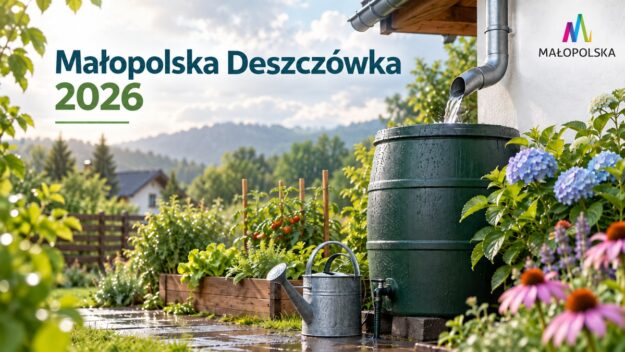 Małopolska Deszczówka 2026202609_malopolska_deszczowka_winieta „Małopolska Deszczówka 2026”: zbiornik na deszczówkę przy domu, ogród i konewka