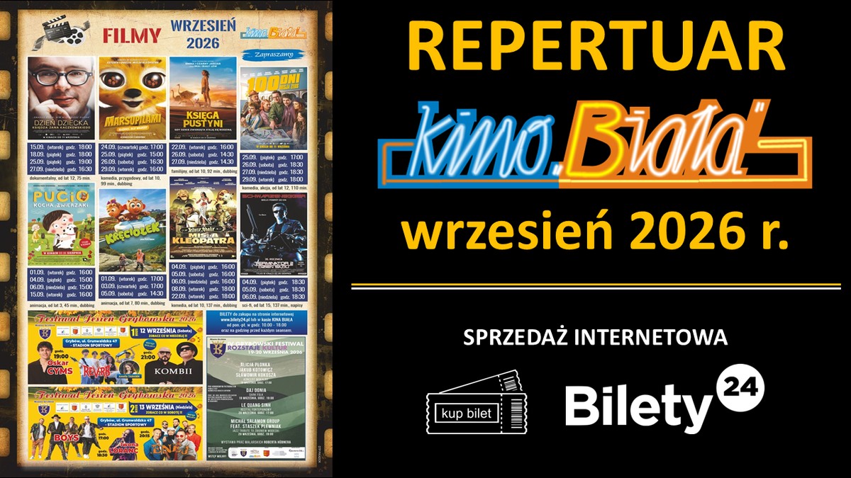 Kino „Biała” zaprasza: Wrzesień 2026 roku Grafika przedstawiająca harmonogram emisji filmów w Kinie „Biała": Wrzesień 2026 roku