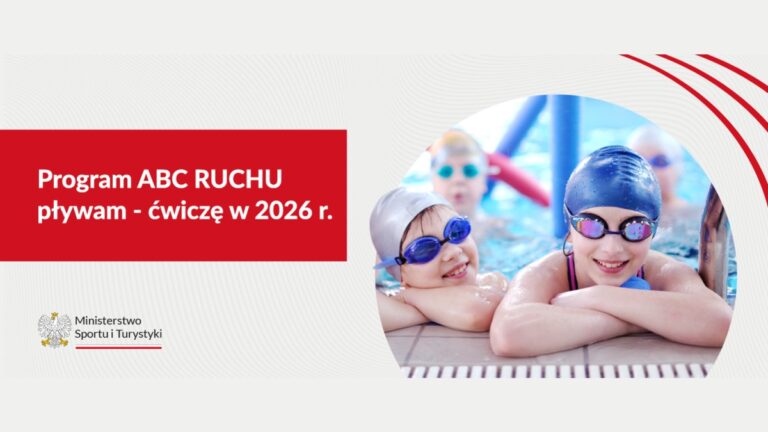 Baner „ABC RUCHU pływam – ćwiczę w 2026 r.” z dwiema dziewczynkami na basenie i logo MSiT