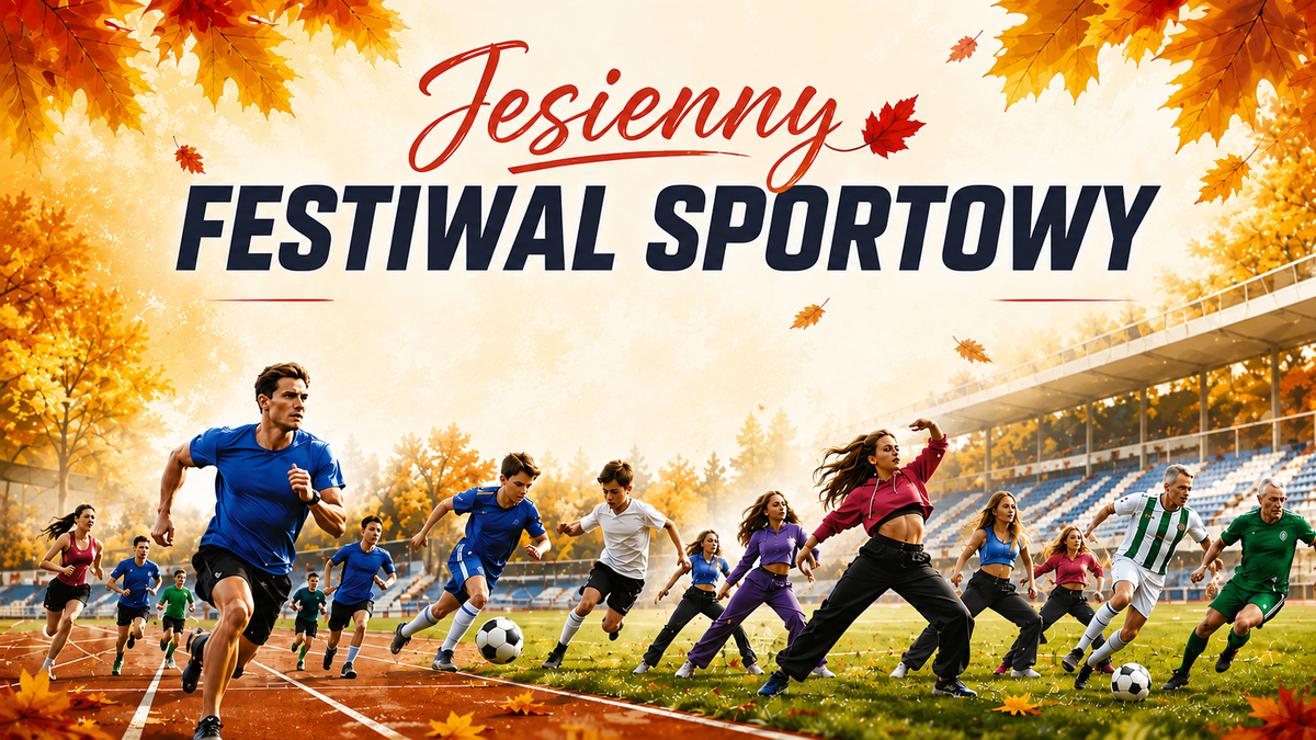 Jesienny Festiwal Sportowy Jesienny Festiwal Sportowy - biegi, piłka nożna i pokaz taneczny na stadionie w jesiennej scenerii