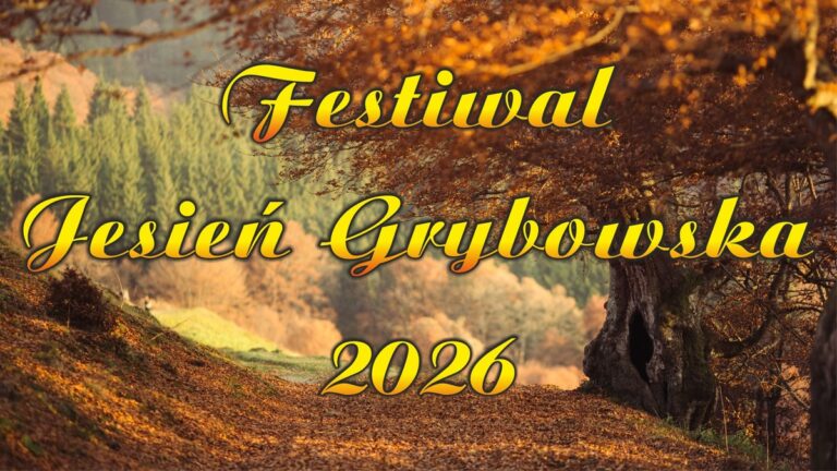 Napis Festiwal Jesień Grybowska 2026 na tle jesiennego drzewa