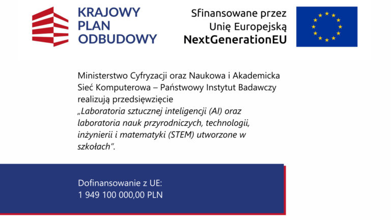 Plansza KPO o projekcie laboratoriów AI i STEM w szkołach, finansowanym z UE kwotą 1 949 100 000 zł