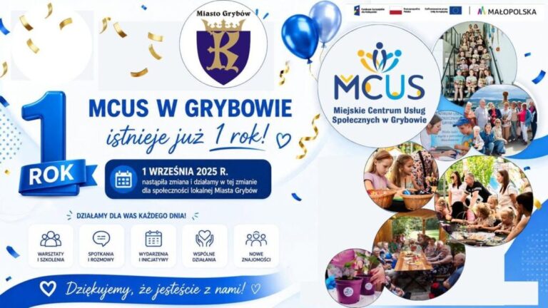 Grafika podsumowująca pierwszy rok działalności MCUS w Grybowie, z fotografiami uczestników i wydarzeń